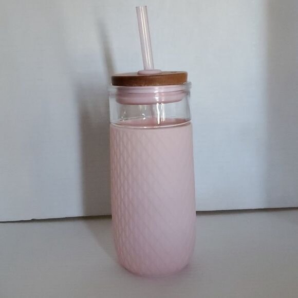 18 OZ Ello Devon Glass Container Tumbler Pink Satin Silicone Sleeve Wooden Lid - Picture 4 of 14